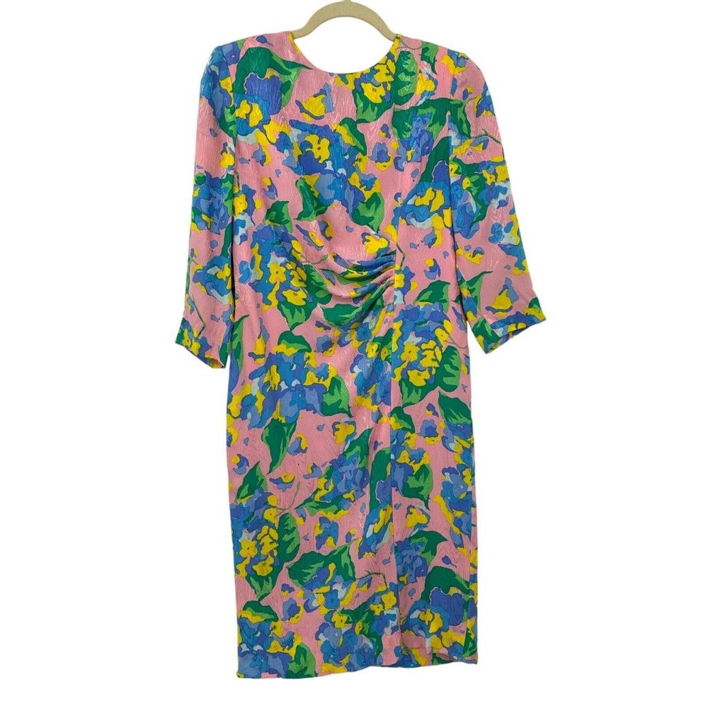 Vintage Mary McFadden Collection Pastel Floral Silk Dress Embossed Shoulder Pads